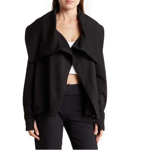 Z by Zella Shooting Star Black Fleece Knit Drape Collar Single Button Cardigan - Picture 1 of 13